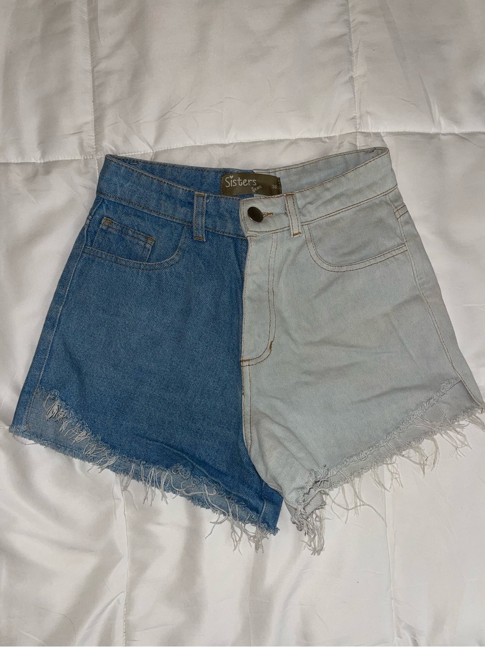 Sisters Two-Tone High-Rise Denim Shorts - Dark Blue & Light Blue